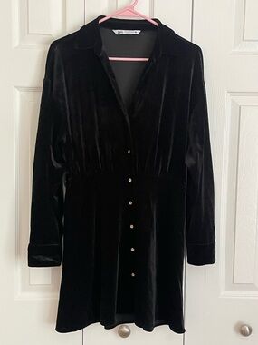 Zara Black Velvet Long-Sleeve Button Dress